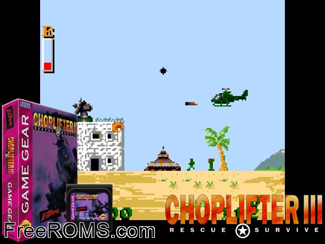 Choplifter 3 Game Gear game showing 3D box cover and gameplay screenshot